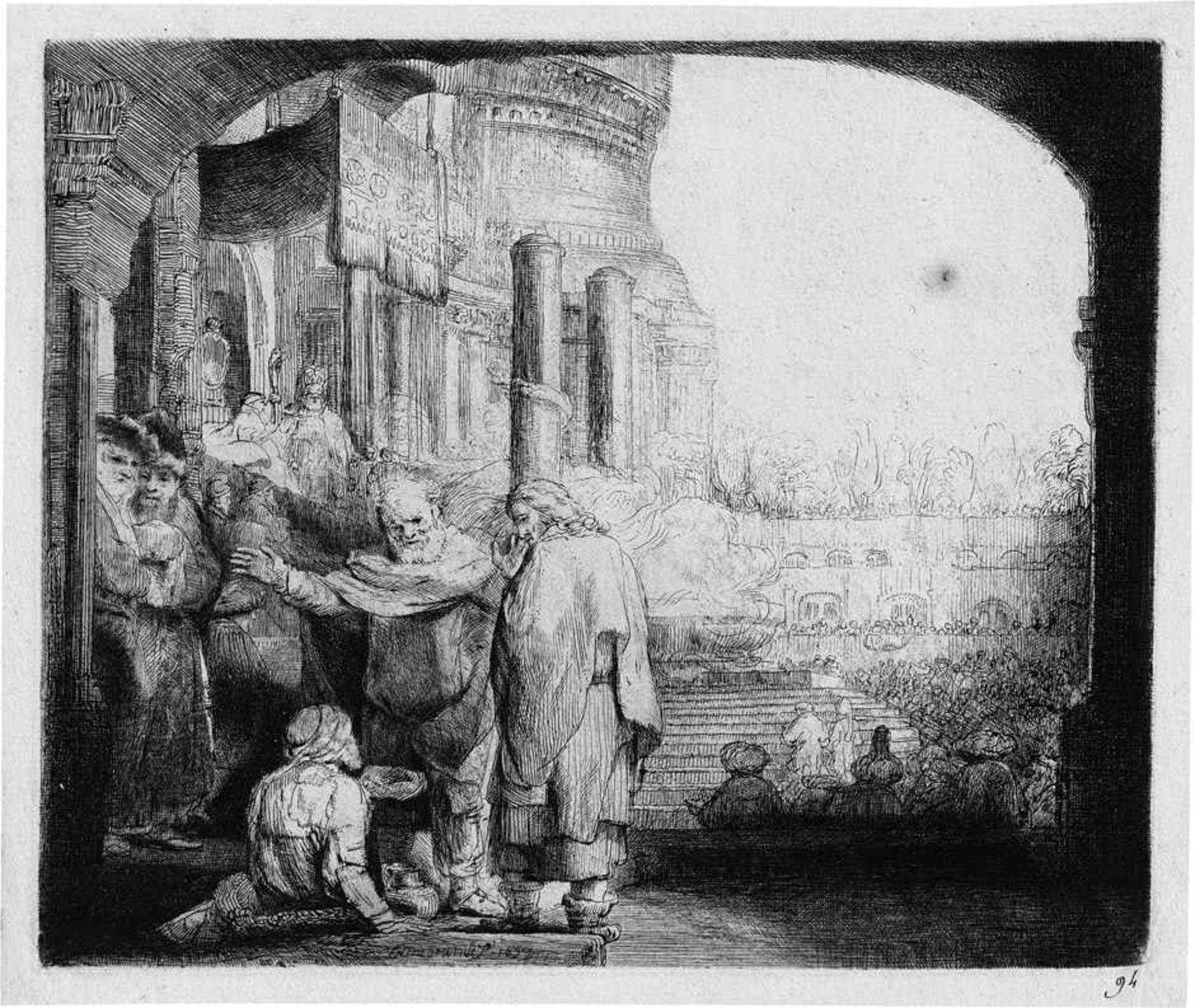 Rembrandt Harmensz. van Rijn: Petrus und Johannes an der Pforte des Tempels, einen Krüppel