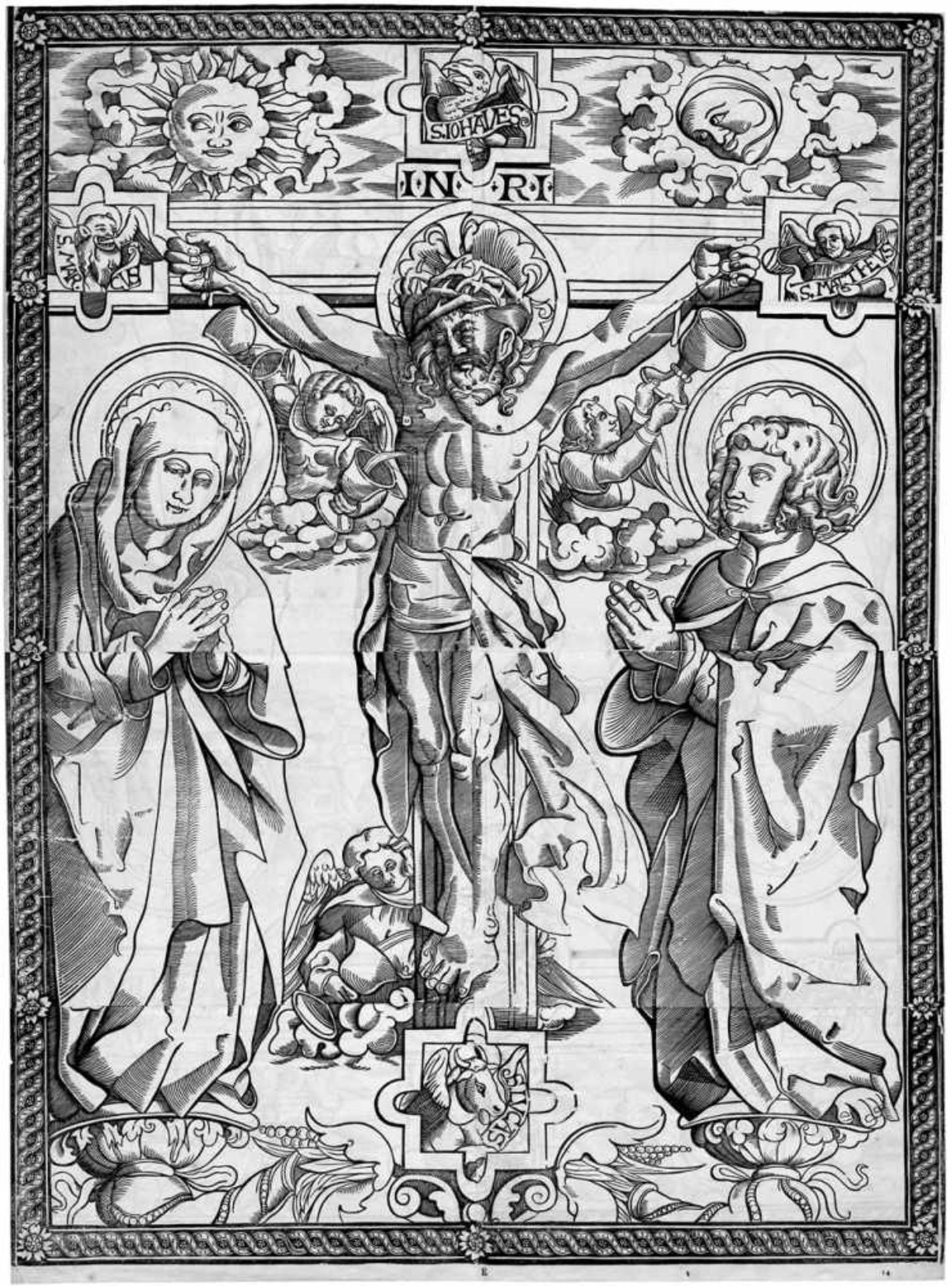 Deutsch: um 1500. Christus am Kreuz, mit Maria und Johannes der Täufer.um 1500. Christus am Kreuz,