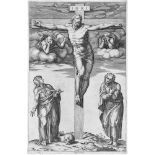Beatrizet, Nicolas - zugeschrieben: Christus am Kreuz begleitet von zwei Engeln, der hl. Jungfrau