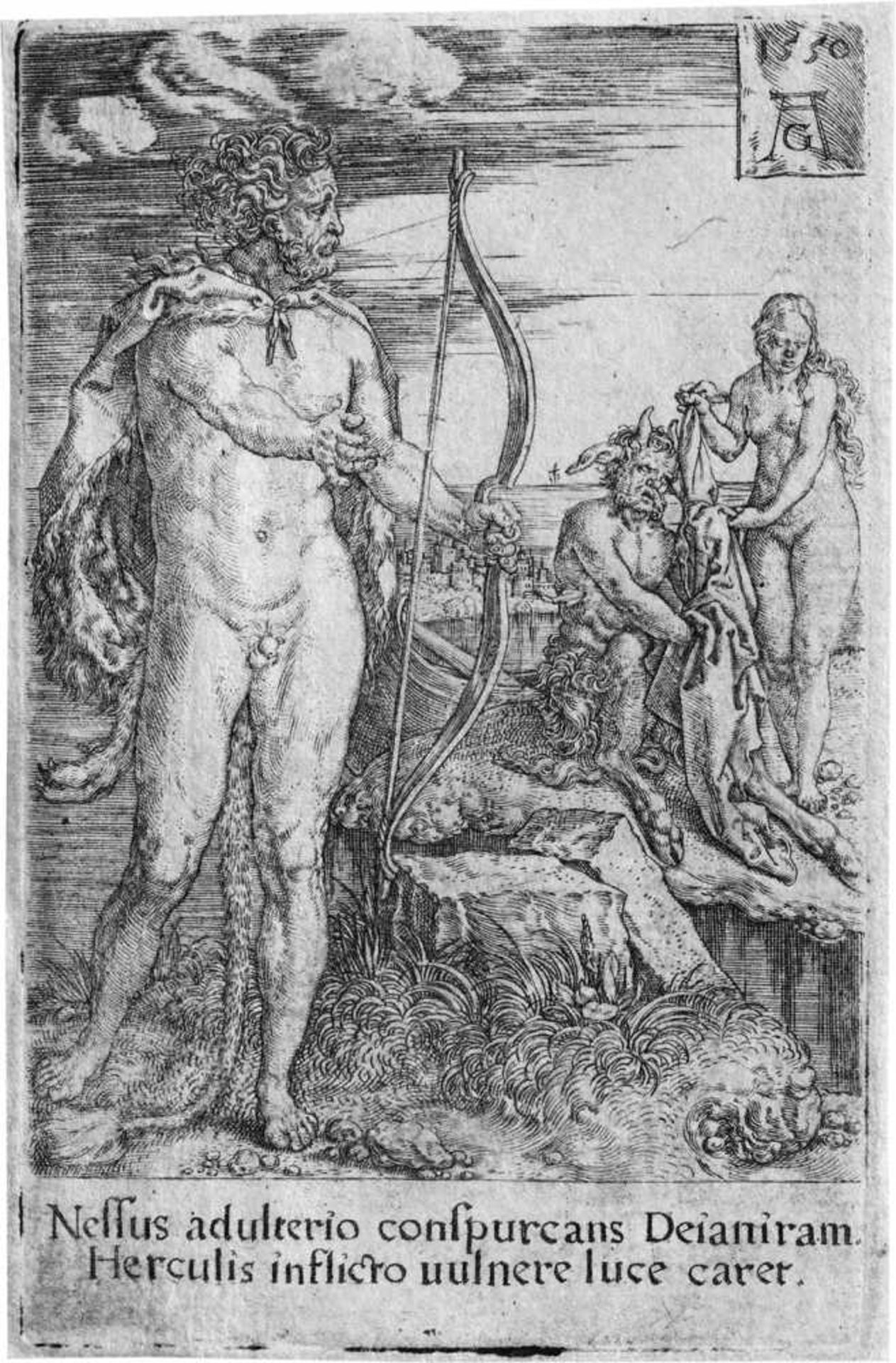 Aldegrever, Heinrich: Die Säulen des HerkulesDie Säulen des Herkules. Kupferstich. 9,4 x 6,8 cm.