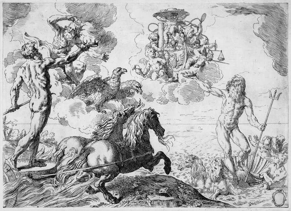 Cantarini, Simone: Jupiter, Neptun und Pluto bieten ihre Kronen dem Wappen des Kardinals Barberini