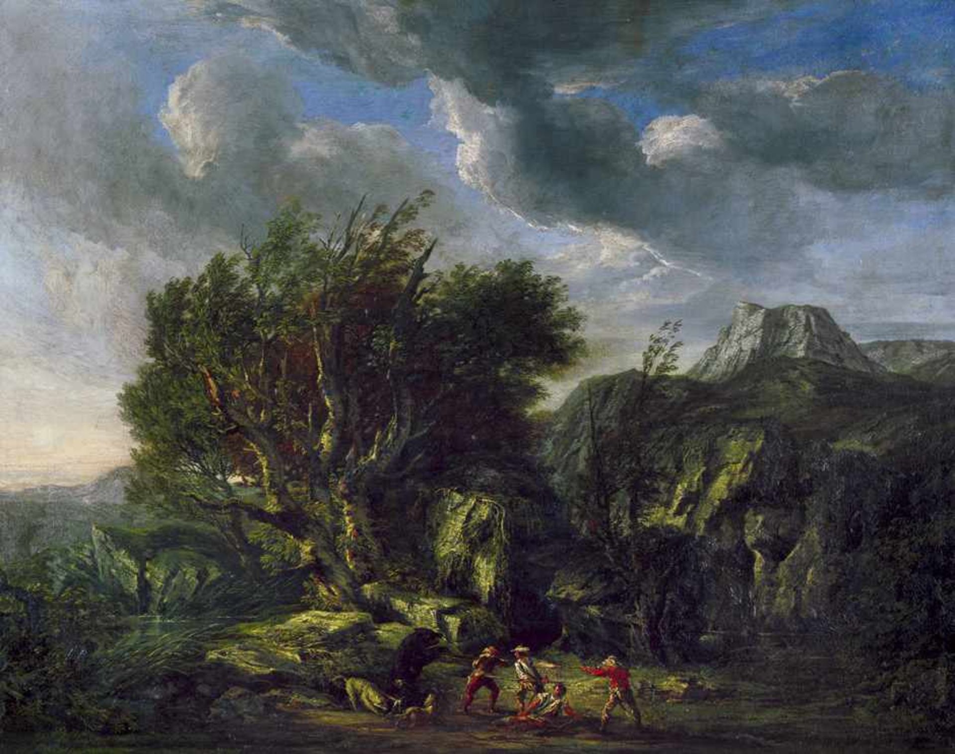 Peruzzini, Antonio Francesco - zugeschrieben: Gebirgige Landschaft mit Bärenjägernzugeschrieben.