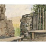 Blaas, Carl von: Alte MauerEine alte Mauer und Holzzaun. Bleistift und Aquarell. 24,5 x 30,5 cm.