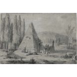 Cazin, Jean Baptiste Louis: Landschaft mit einer Pyramide und figürlicher StaffageLandschaft mit