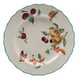 A Derby plate: painted in the workshops of James Giles with fruit and two colourful butterflies,