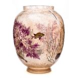 A Moser amber crackled glass vase: of shaped globular form, enamelled with a crab,