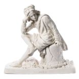 A 19th century Parian porcelain figure of Hamlet: modelled seated on a fractured pillar with one