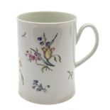 A First Period Worcester mug: of cylindrical form with gently flared base and rim,