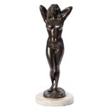 Gyula Maugsch (1882 - 1946) bronze figure of a nude woman: stretching whilst running her hands