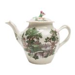 A First Period Worcester teapot and cover: of baluster shape with flower finial and entwined branch