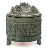 A Chinese green-glazed pottery Hill jar and cover: the domed cover relief moulded with five