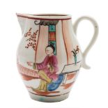 A Lowestoft sparrow beak jug: painted in Mandarin style with a seated female figure and a boy by a