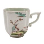 An early Derby coffee cup: of square section with lobed corners and wishbone handle,