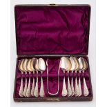 A set of twelve Victorian silver teaspoons and tongs, maker William Coghill, Glasgow,