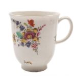 A Bow chocolate cup: with loop handle, painted with a floral spray and scattered sprigs,