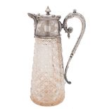 A clear cut glass and silver plate mounted claret jug: of tapering conical form,