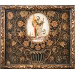 An early 19th century Italian quillwork reliquary picture of Saint Donatianus: the central oval