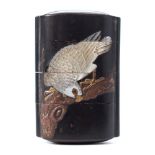 A Japanese four section lacquer inro: inlaid with mother of pearl decoration depicting a parakeet