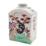 A Lowestoft tea canister: painted in Redgrave manner in underglaze blue and enamels with an 'Imari'