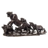 Akasofu Gyoko (Meiji period) A tiger with two cubs: bronze study, dark brown patination,