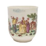 An early Worcester coffee cup: with grooved loop handle decorated with a coloured transfer print of