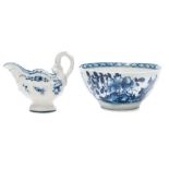 A Worcester blue and white 'dolphin ewer' creamboat and a Lowestoft bowl: the ewer with lamprey