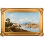 William Oliver, 19th Century - An extensive Italian river landscape, figures in the foreground,