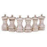 A set of five Elizabeth II silver salt and pepper mills, maker Simon Hersey, London,