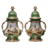 A pair of Samuel Alcock two-handled pot pourri vases and covers: one painted with a named view of