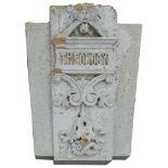 Monumental Historical carved Keystone: with rectangular foliate decorated plaque entitled