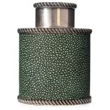 A shagreen and silver plated tea caddy: of oval outline with lift-off lid with gadrooned rims,