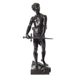 Raoul Larche (1860-1912) 'Vingt Ans' a bronze figure of boy with sword: dark brown patination,