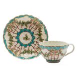 A First Period Worcester 'Hop Trellis' cup and saucer: of fluted form,