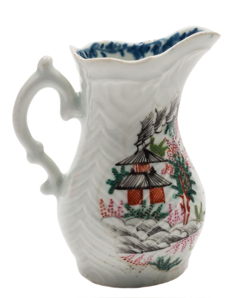 A First Period Worcester feather-moulded cream jug: with double scroll handle, - Image 2 of 2