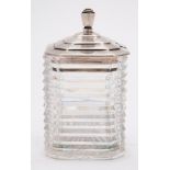 A George VI clear glass and silver mounted preserve jar and cover,