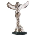 A large plated model of 'Spirit of Ecstasy' : unsigned, mounted on a circular polished marble base,