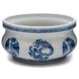 A Chinese porcelain censer: of squat circular form the exterior painted in blue with eight