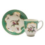 A First Period Worcester coffee cup and saucer: painted with 'spotted fruit' and insects within