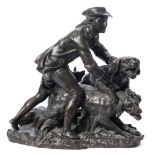 Huntsman and hounds, a bronze study: dark brown patination,