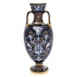 A Samuel Alcock 'Limoges' enamel vase: of baluster form with plain loop handles,