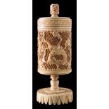 A late 19th/early 20th century Chinese carved ivory pierced jar and cover: of cylindrical outline,