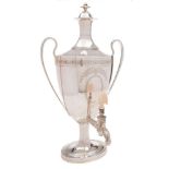 An Elkington silver plated samovar in the Adam style: the waisted cover with urn-shaped finial,