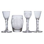 Two late 18th century English wine glasses,