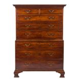 A George III mahogany chest on chest:, with a moulded dentil cornice,