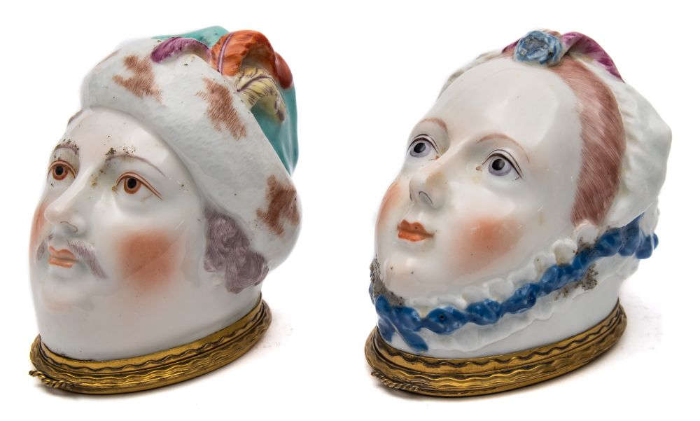 A matched pair of Chelsea bonbonnieres: modelled as a lady and a gentleman's head,