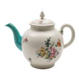 A Derby teapot and cover: the domed cover with pointed finial, the spout painted in bright green,