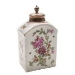 A Lowestoft tea canister and silver cover: painted in Curtis style with floral sprays and sprigs,