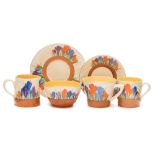 Six pieces of Clarice Cliff Bizarre Autumn Crocus pattern pottery: comprising a cup and saucer,