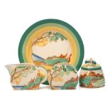 Four pieces of Clarice Cliff Bizarre Secrets pattern pottery: comprising a small plate,