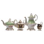 A group of three Samuel Alcock teapots and a milk jug: two in pattern 7652 and of compressed fluted